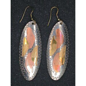 Vintage Mixed Metal Dangle Earrings With Etched Design In Silver Copper & Brass